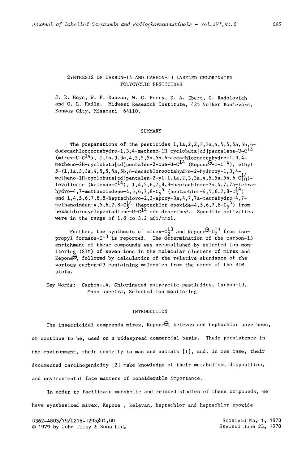 Synthesis of carbon-14 and carbon-13 labeled chlorinated polycyclic pesticides by Unknown