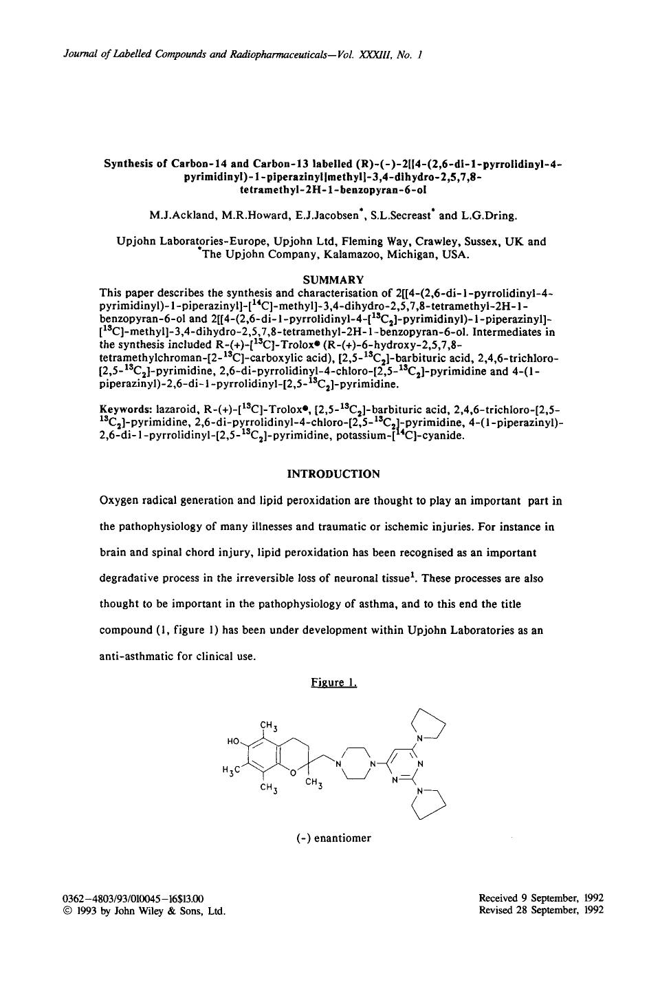 Synthesis of carbon-14 and carbon-13 labelled (R)-([minus])-2[[4-(2,6-di-1-pyrrolidinyl-4-pyrimidinyl)-1-piperazinyl]methyl]-3,4-dihydro-2,5,7,8-tetramethyl-2H-1-benzopyran-6-ol by Unknown