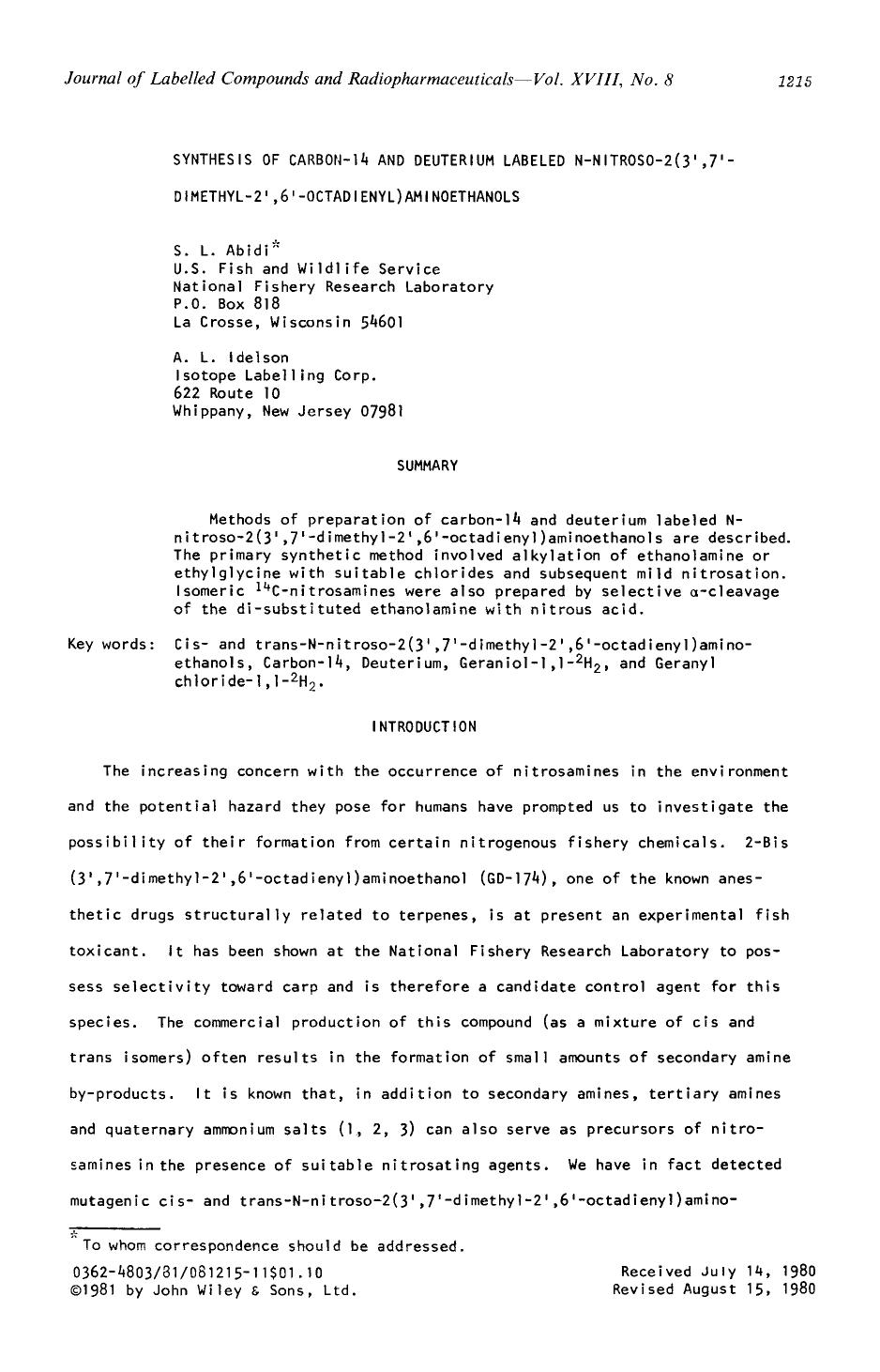 Synthesis of carbon-14 and deuterium labeled N-nitroso-2(3[prime],7[prime]-dimethyl-2[prime],6[prime]-octadienyl)aminoethanols by Unknown