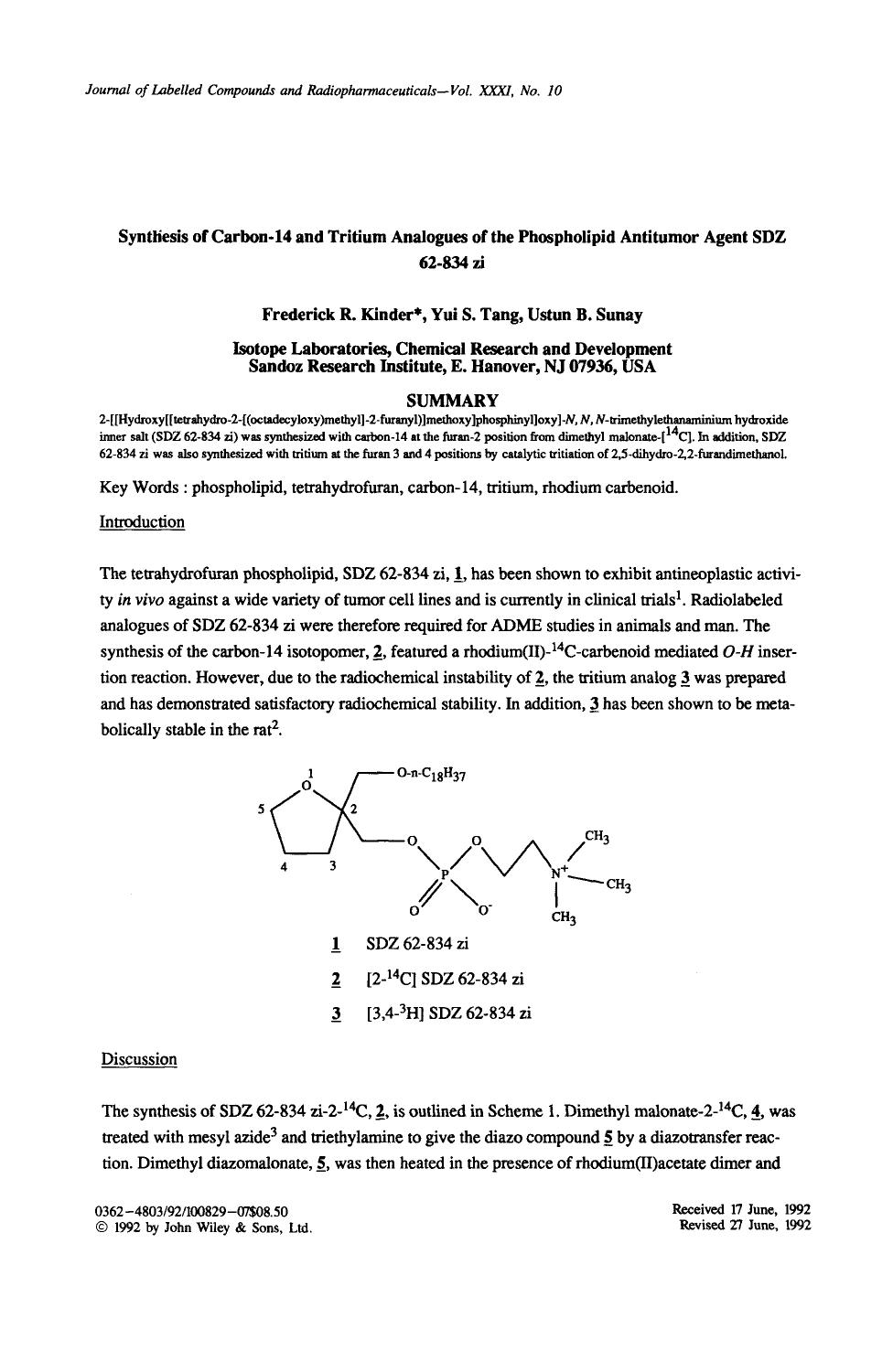 Synthesis of carbon-14 and tritium analogues of the phospholipid antitumor agent SDZ 62-834 zi by Unknown