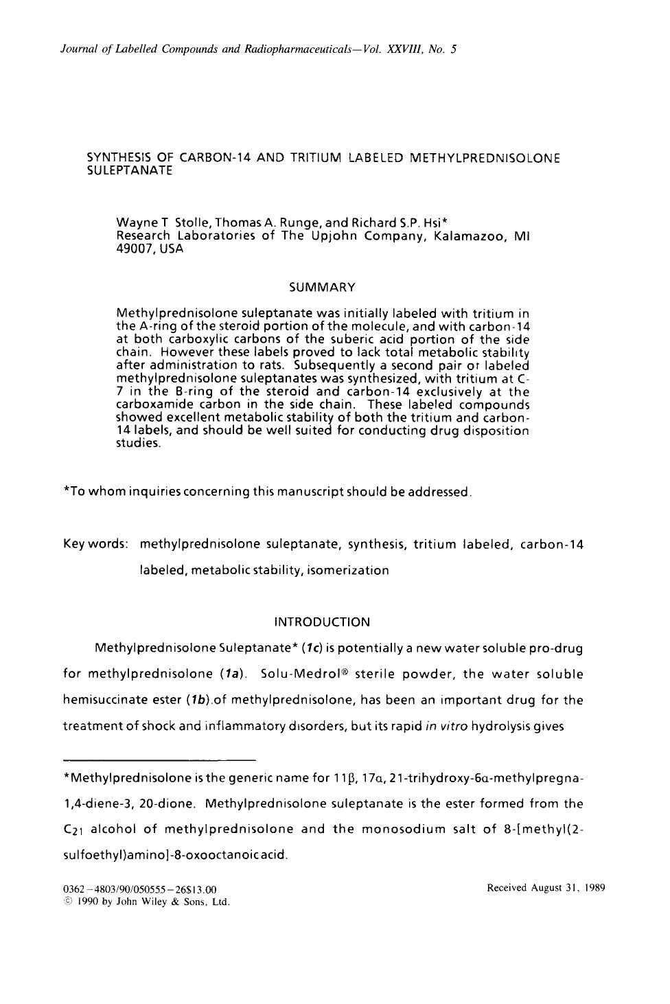 Synthesis of carbon-14 and tritium labeled methylprednisolone suleptanate by Unknown