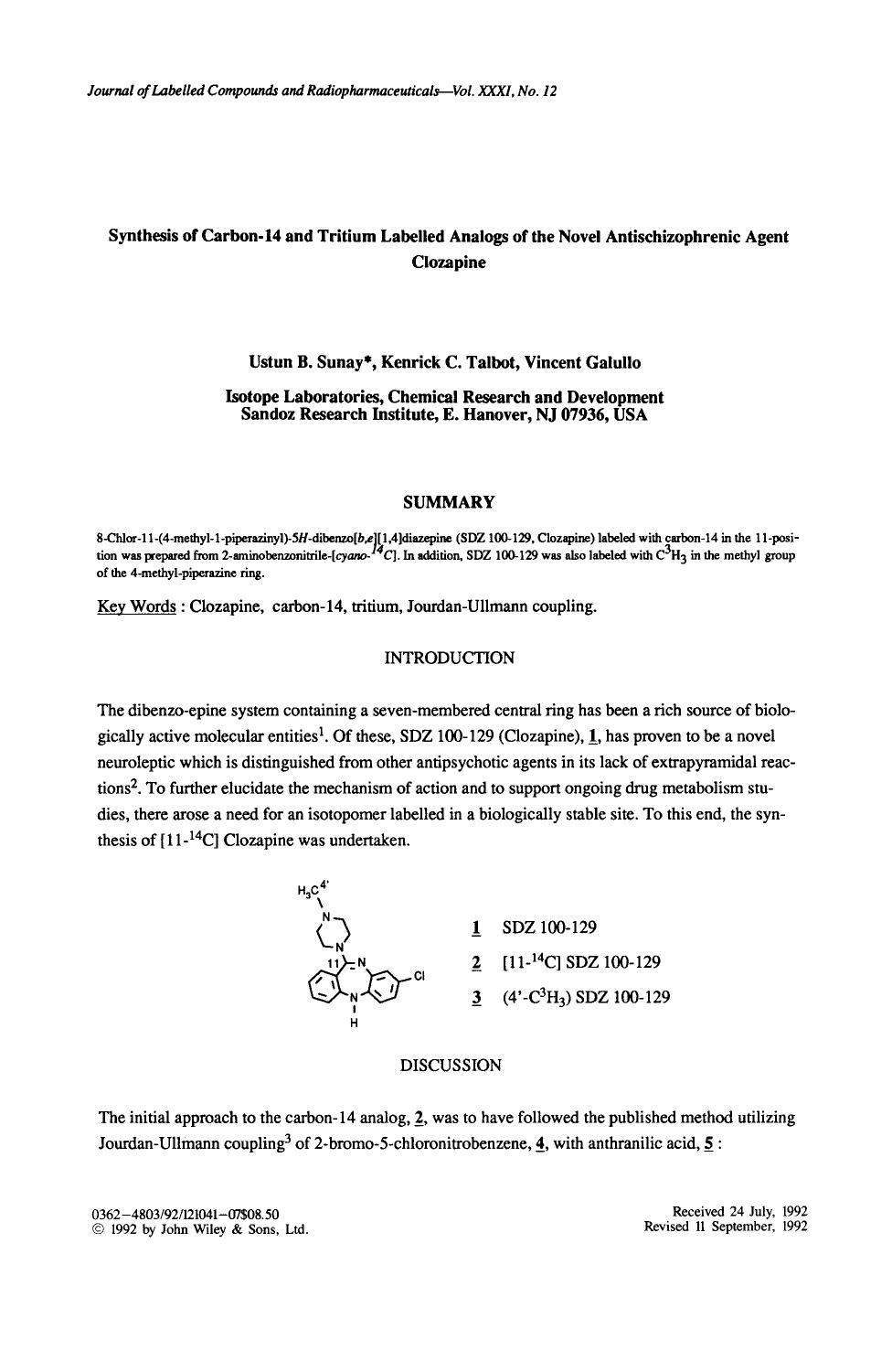 Synthesis of carbon-14 and tritium labelled analogs of the noval antischizophrenic agent clozapine by Unknown