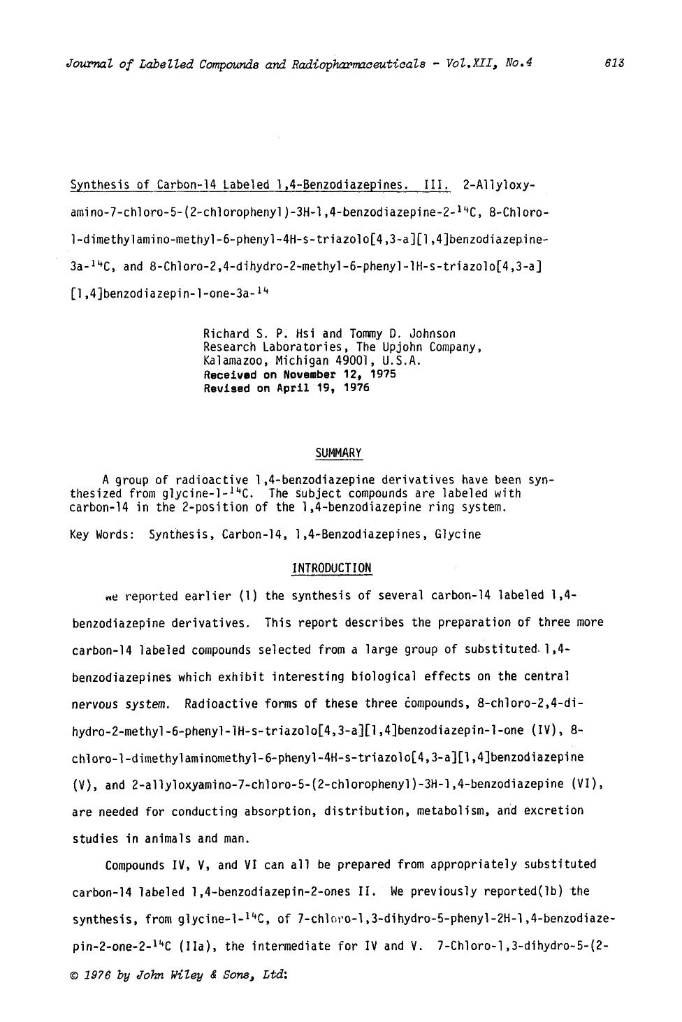 Synthesis of carbon-14 labeled 1,4-benzodiazepines. III. 2-allyloxy-amino-7-chloro-5-(2-chlorophenyl)-3h-l,4-benzodiazepine-2-14C, 8-chloro-1-dimethylamino-methyl-6-phenyl-4H-s-tri by Unknown