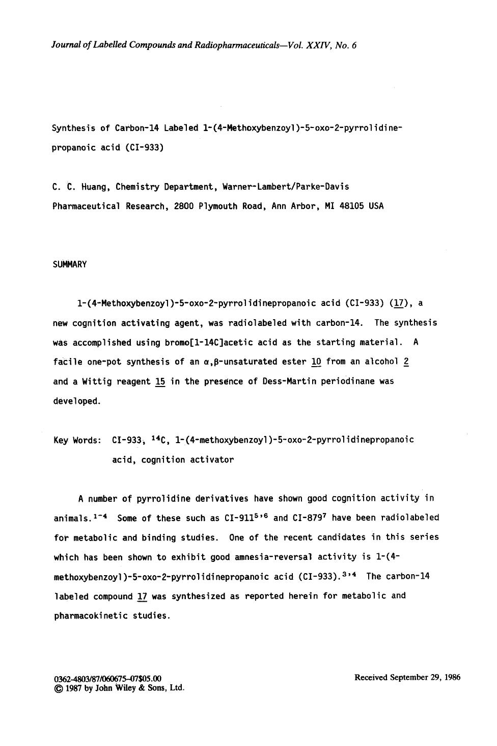 Synthesis of carbon-14 labeled 1-(4-methoxybenzoyl)-5-oxo-2-pyrrolidinepropanoic acid (CI-933) by Unknown