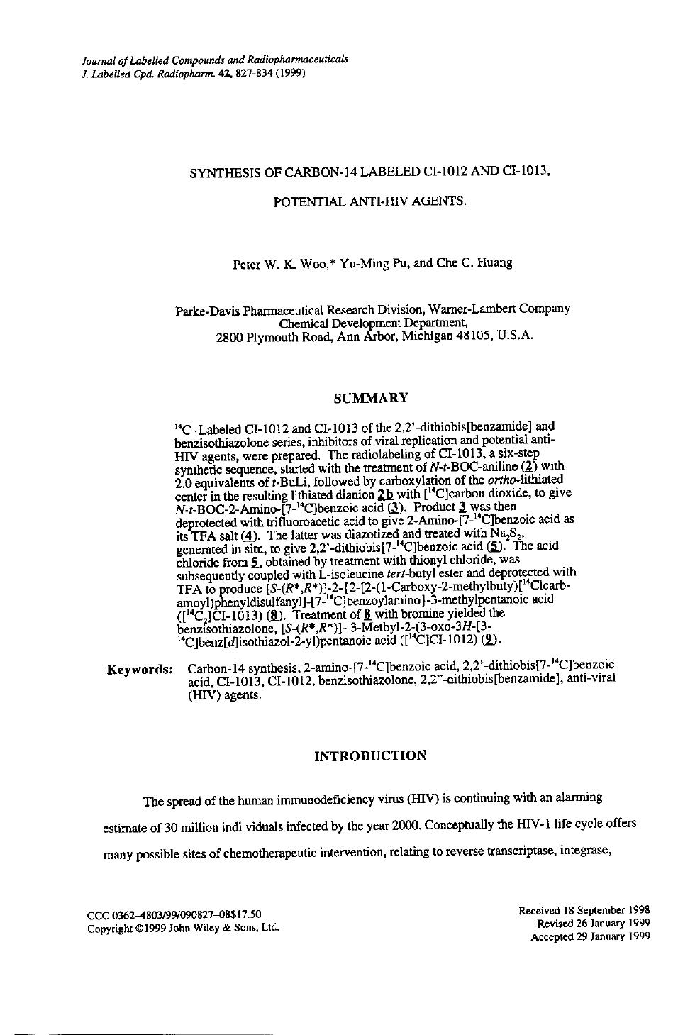 Synthesis of carbon-14 labeled CI-1012 and CI-1013, potential anti-HIV agents by Unknown