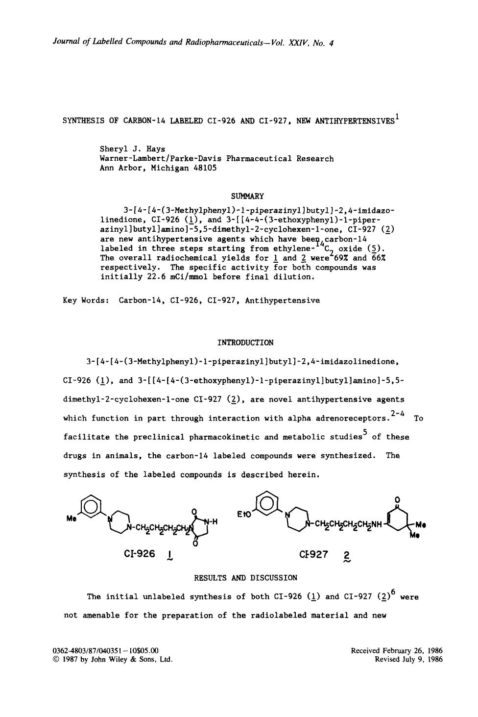 Synthesis of carbon-14 labeled CI-926 and CI-927, new antihypertensives by Unknown