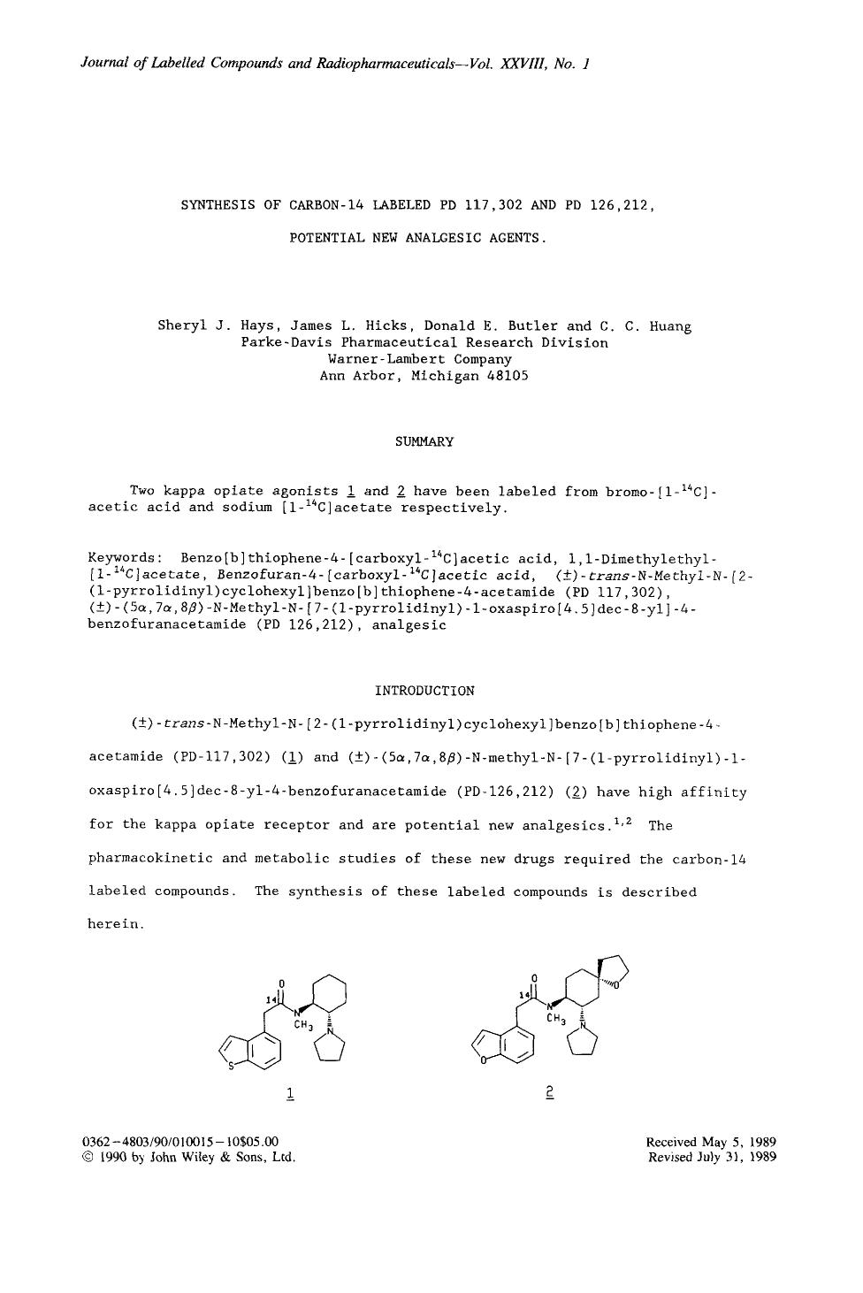 Synthesis of carbon-14 labeled PD 117,302 and PD 126,212, potential new analgesic agents by Unknown