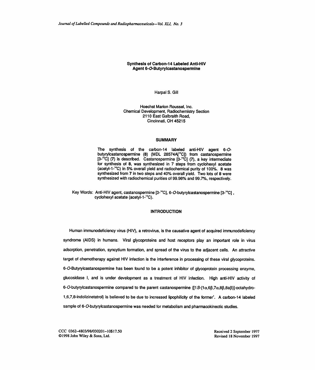 Synthesis of carbon-14 labeled anti-HIV agent 6-O-butyrylcastanospermine by Unknown