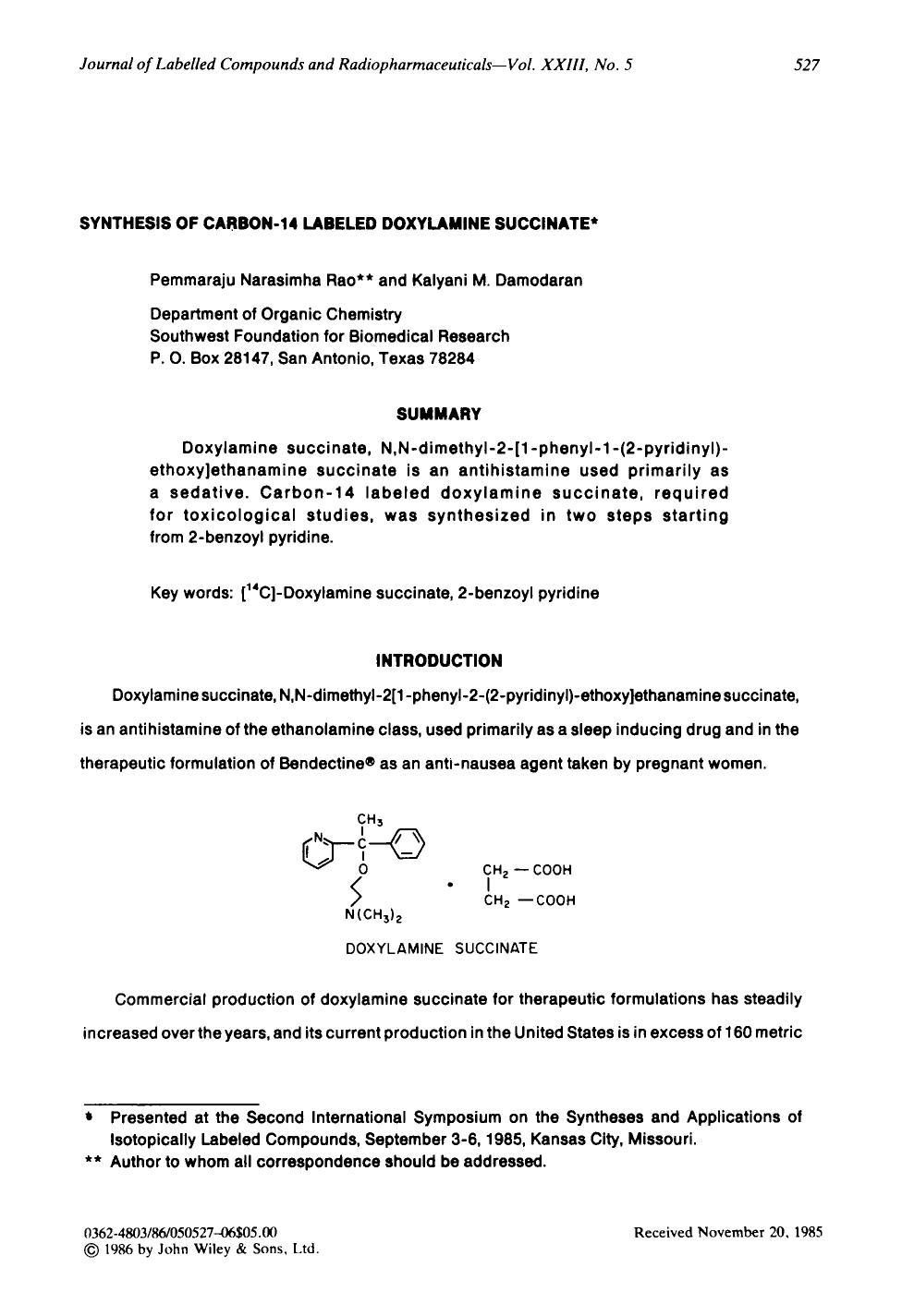 Synthesis of carbon-14 labeled doxylamine succinate by Unknown