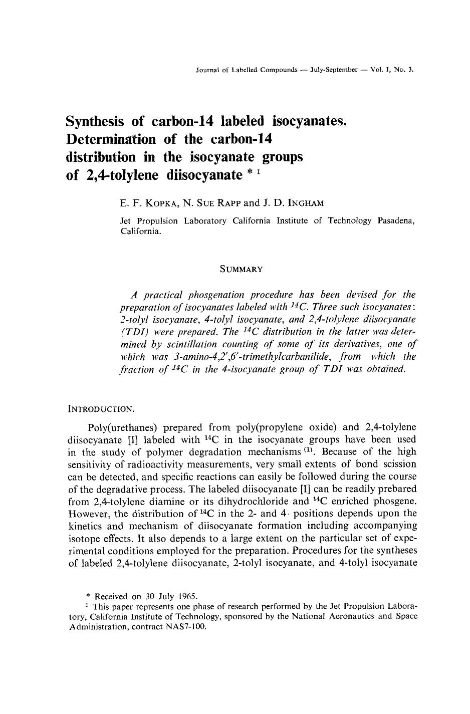 Synthesis of carbon-14 labeled isocyanates. Determination of the carbon-14 distribution in the isocyanate groups of 2, 4-tolylene diisocyanate by Unknown