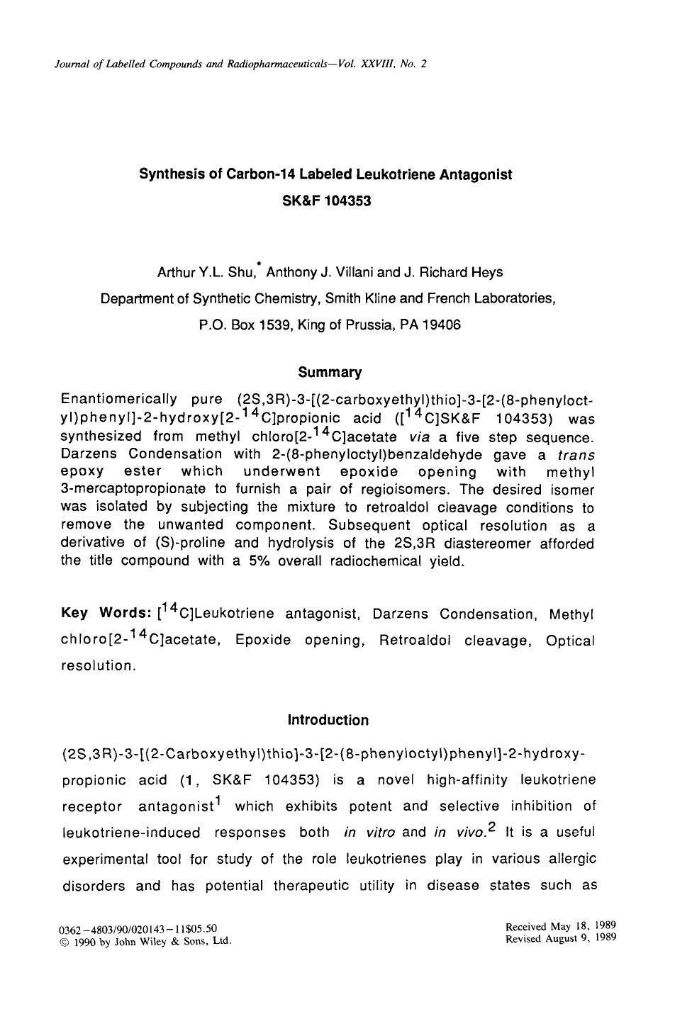 Synthesis of carbon-14 labeled leukotriene antagonist SK&F 104353 by Unknown