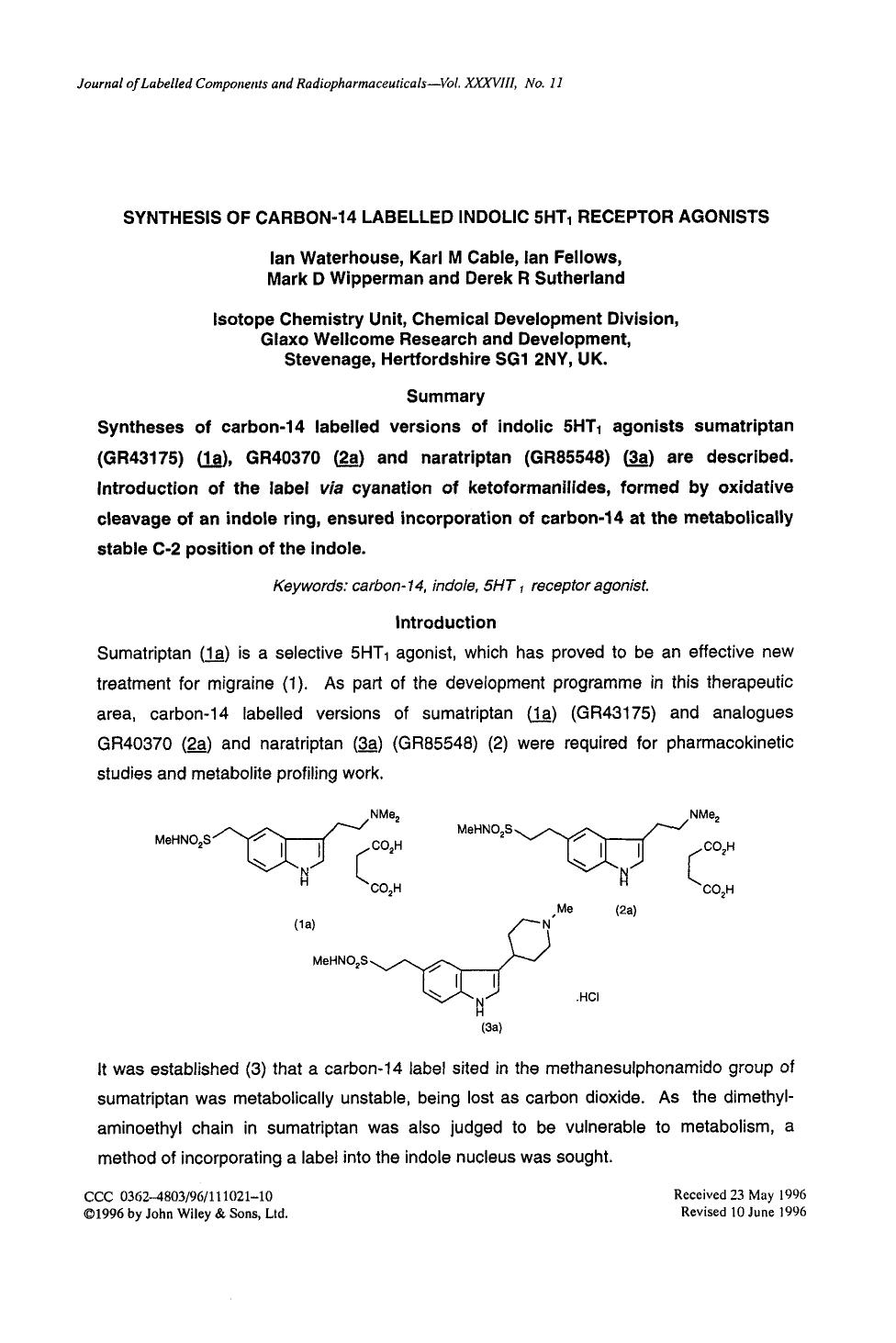 Synthesis of carbon-14 labelled indolic 5HT1 receptor agonists by Unknown