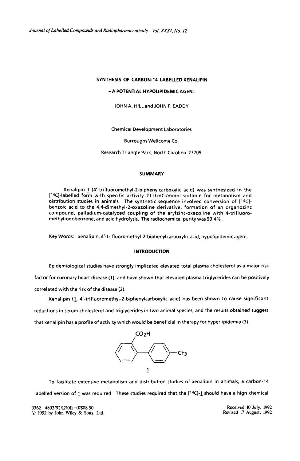 Synthesis of carbon-14 labelled xenalipin - a potential hypolipidemic agent by Unknown