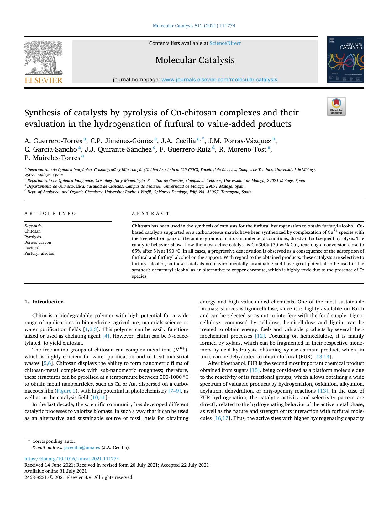 Synthesis of catalysts by pyrolysis of Cu-chitosan complexes and their evaluation in the hydrogenation of furfural to value-added products by unknow