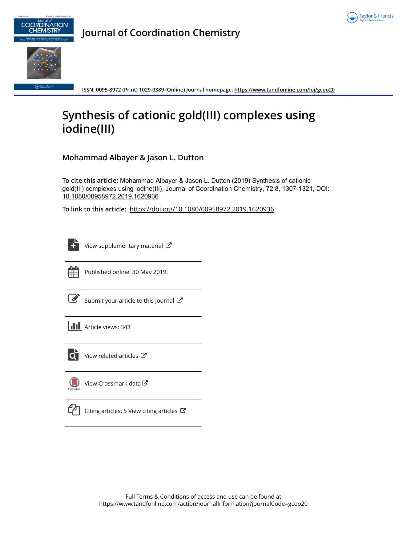 Synthesis of cationic gold(III) complexes using iodine(III) by Albayer Mohammad & Dutton Jason L