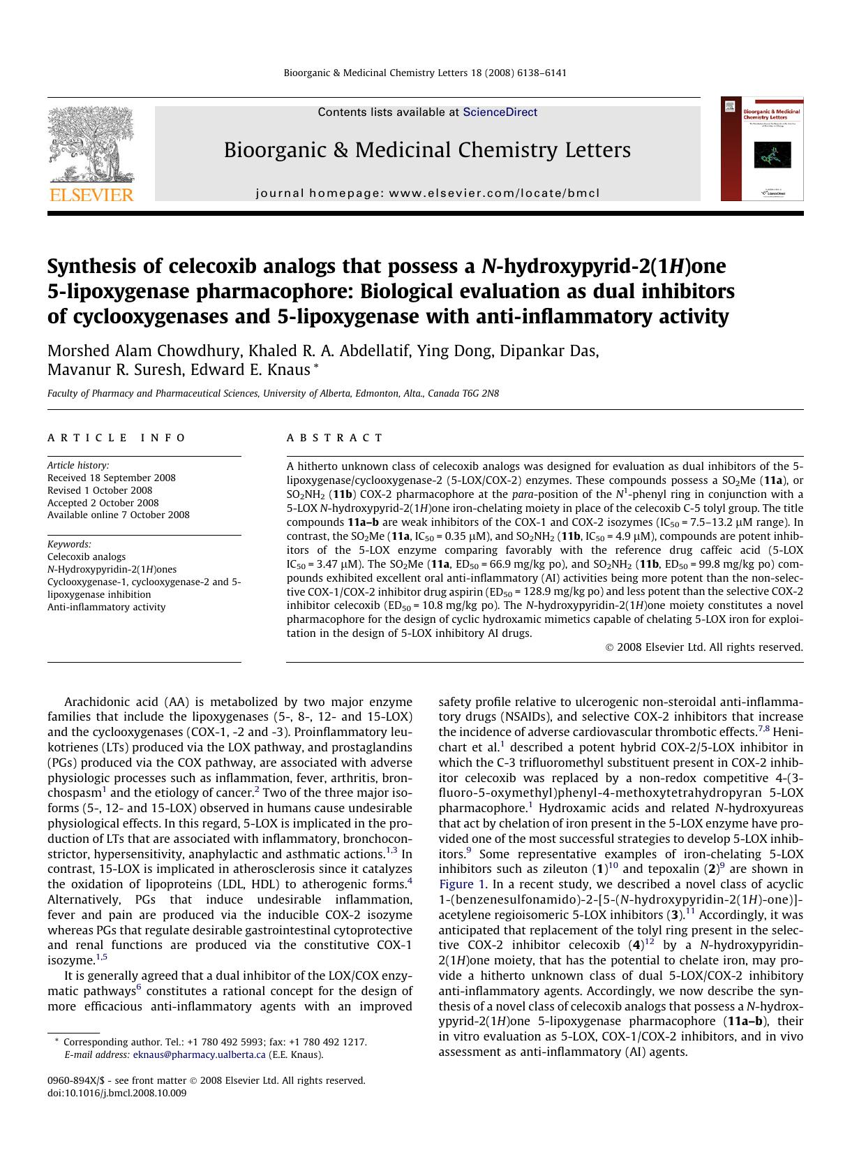Synthesis of celecoxib analogs that possess a N-hydroxypyrid-2(1H)one 5-lipoxygenase pharmacophore: Biological evaluation as dual inhibitors of cyclooxygenases and 5-lipoxygenase w by unknow