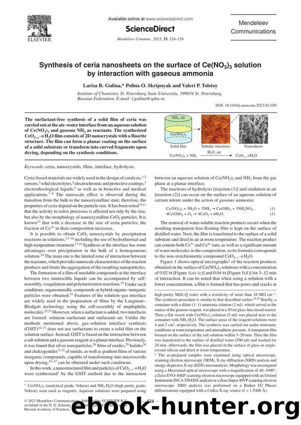 Synthesis of ceria nanosheets on the surface of Ce(NO3)3 solution by interaction with gaseous ammonia by Larisa B. Gulina & Polina O. Skripnyak & Valeri P. Tolstoy