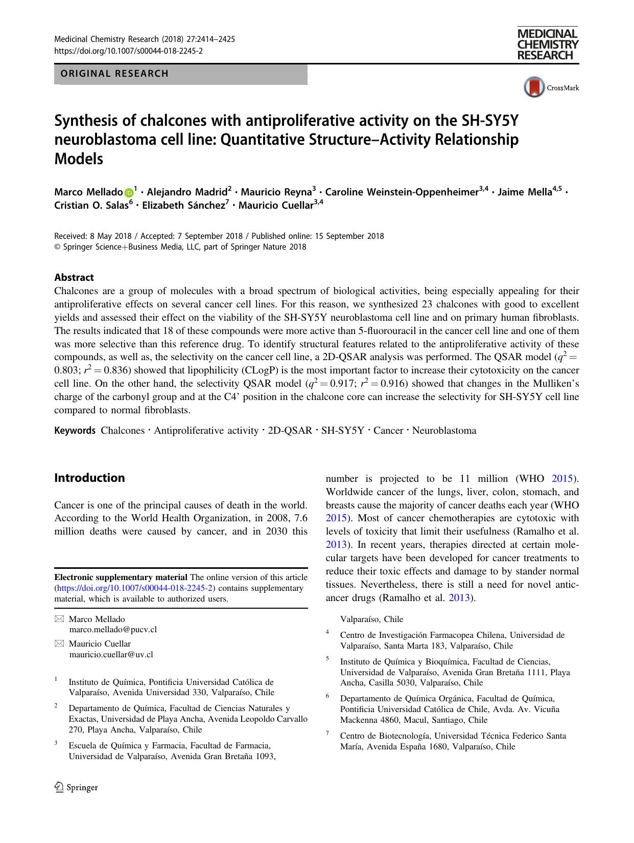 Synthesis of chalcones with antiproliferative activity on the SH-SY5Y neuroblastoma cell line: Quantitative StructureâActivity Relationship Models by unknow