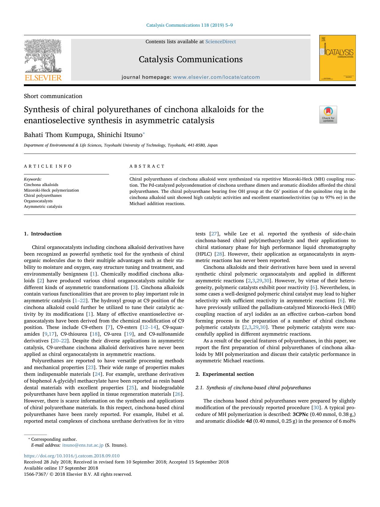 Synthesis of chiral polyurethanes of cinchona alkaloids for the enantioselective synthesis in asymmetric catalysis by Bahati Thom Kumpuga & Shinichi Itsuno