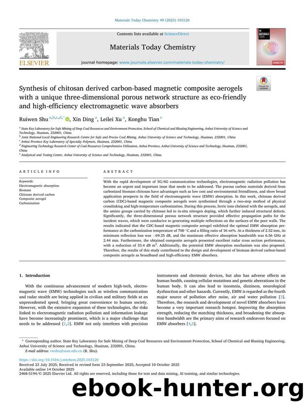 Synthesis of chitosan derived carbon-based magnetic composite aerogels with a unique three-dimensional porous network structure as eco-friendly and high-efficiency electromagnetic wave absorbers by Ruiwen Shu & Xin Ding & Leilei Xu & Konghu Tian