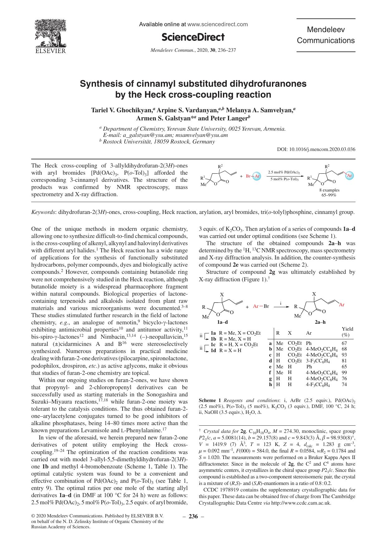 Synthesis of cinnamyl substituted dihydrofuranones by the Heck cross-coupling reaction by Tariel V. Ghochikyan & Arpine S. Vardanyan & Melanya A. Samvelyan & Armen S. Galstyan & Peter Langer