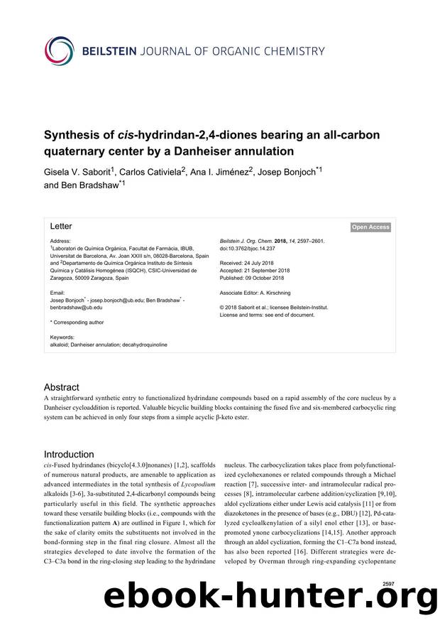 Synthesis of cis-hydrindan-2,4-diones bearing an all-carbon quaternary center by a Danheiser annulation by Gisela V. Saborit Carlos Cativiela Ana I. Jiménez Josep Bonjoch Ben Bradshaw
