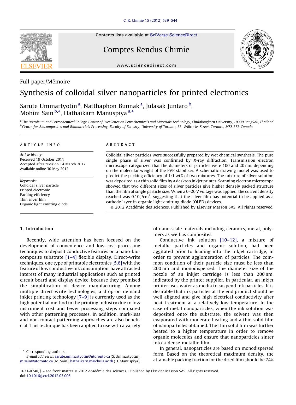 Synthesis of colloidal silver nanoparticles for printed electronics by Sarute Ummartyotin