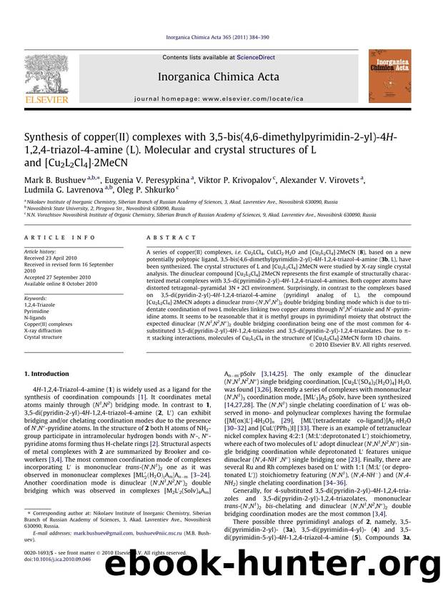 Synthesis of copper(II) complexes with 3,5-bis(4,6-dimethylpyrimidin-2-yl)-4H-1,2,4-triazol-4-amine (L). Molecular and crystal structures of L and [Cu2L2Cl4]ÃÂ·2MeCN by unknow