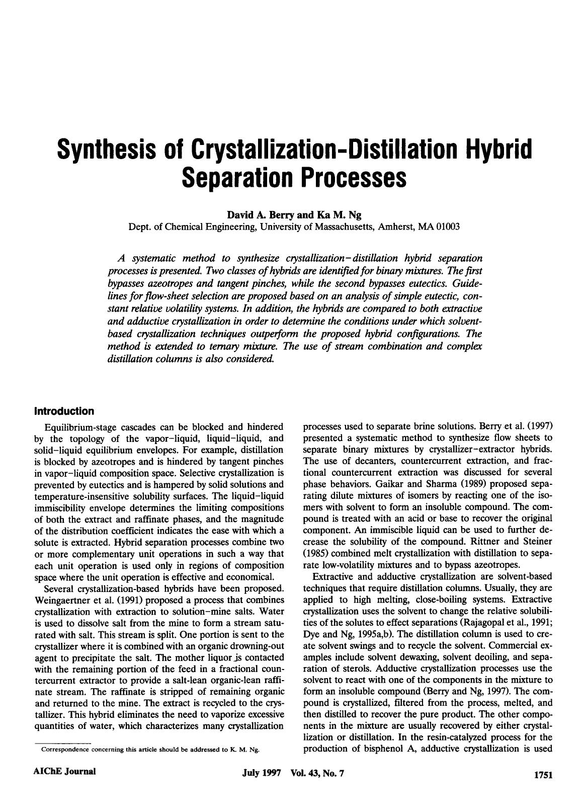 Synthesis of crystallization-distillation hybrid separation processes by Unknown