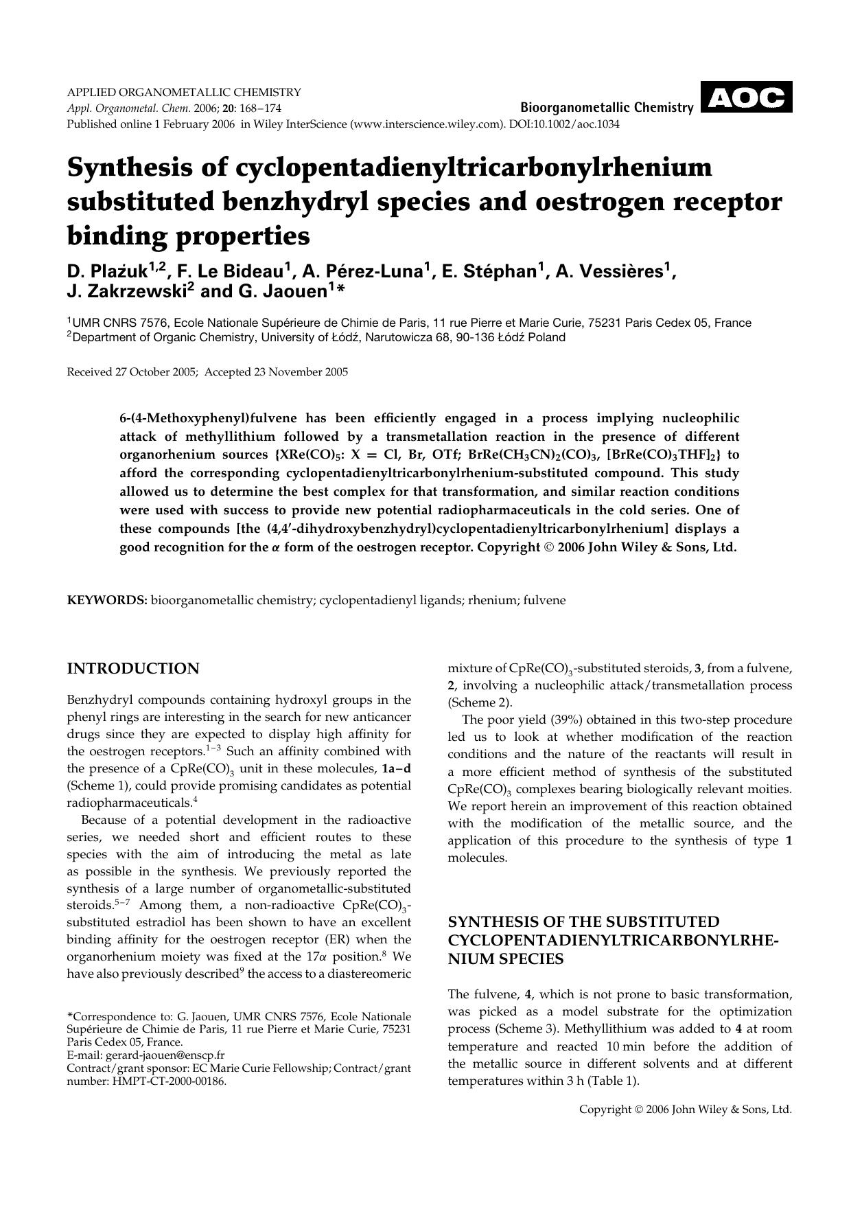 Synthesis of cyclopentadienyltricarbonylrhenium substituted benzhydryl species and oestrogen receptor binding properties by Unknown