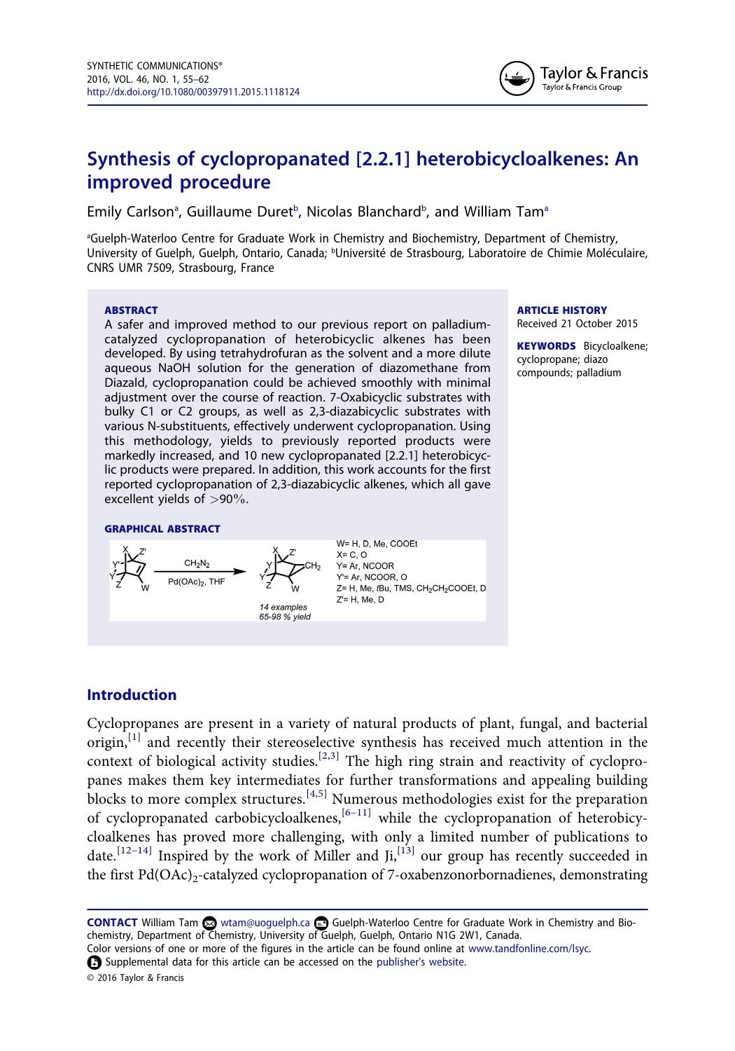 Synthesis of cyclopropanated [2.2.1] heterobicycloalkenes: An improved procedure by Emily Carlson