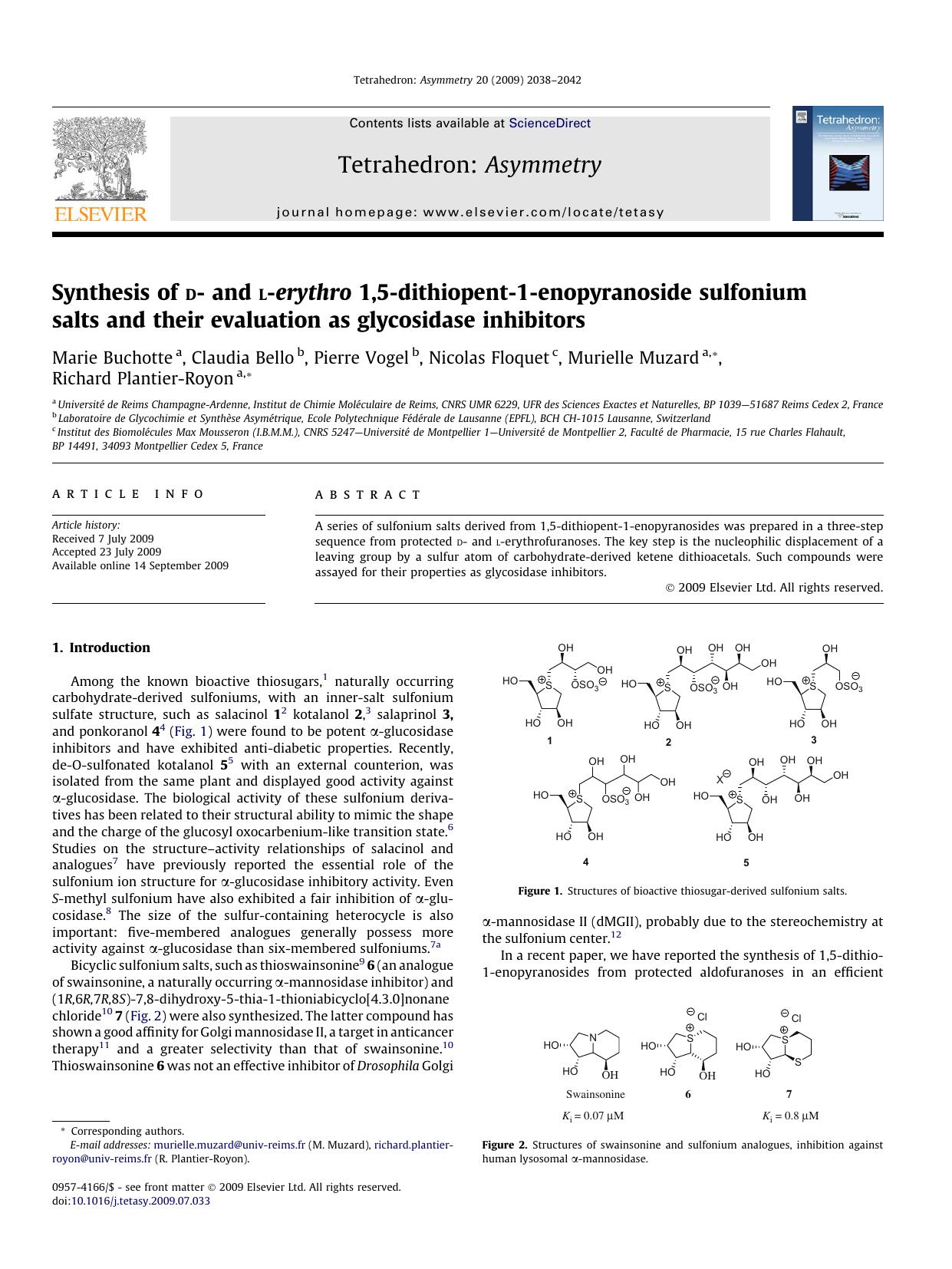 Synthesis of d- and l-erythro 1,5-dithiopent-1-enopyranoside sulfonium salts and their evaluation as glycosidase inhibitors by unknow