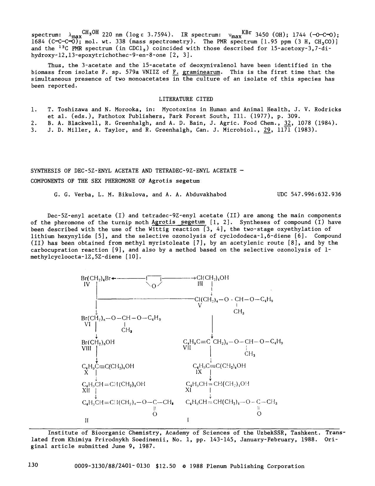 Synthesis of dec-5Z-enyl acetate and tetradec-9Z-enyl acetate — Components of the sex pheromone of Agrotis segetum by Unknown