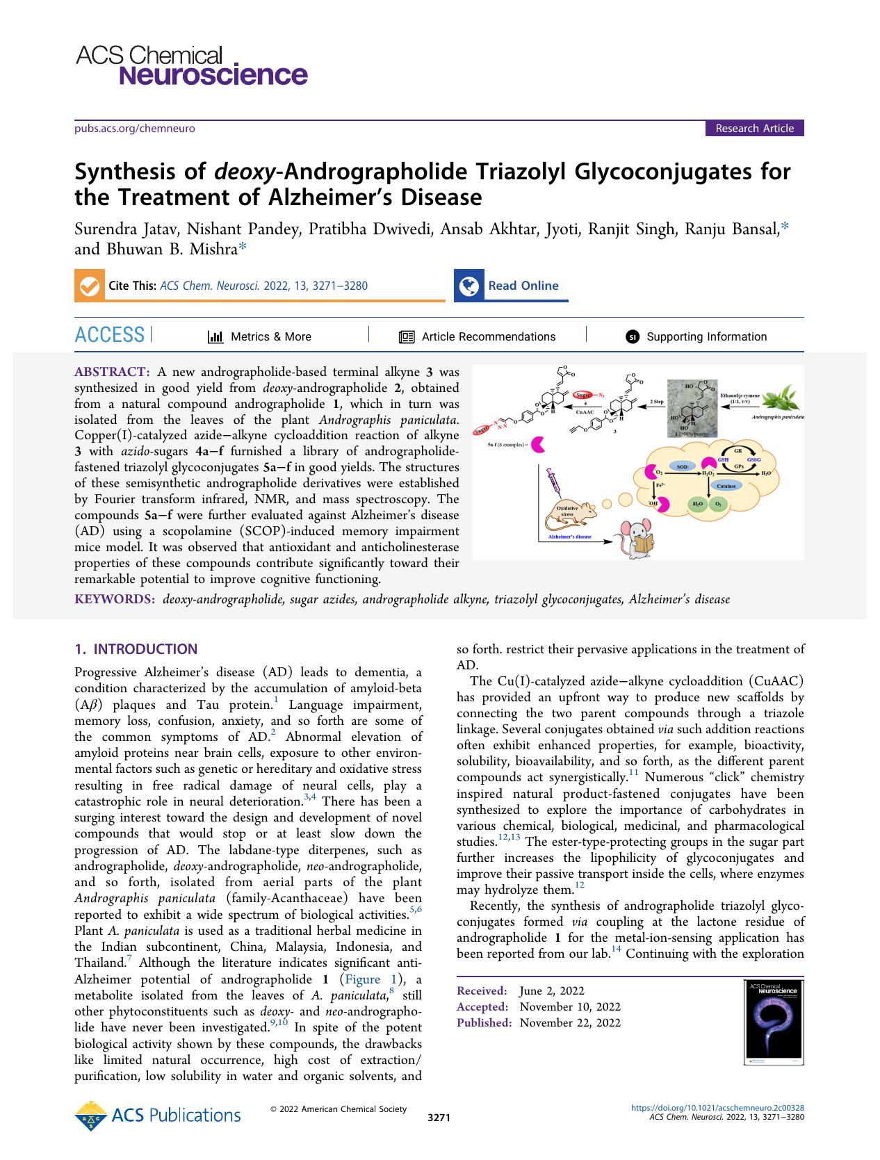 Synthesis of deoxy-Andrographolide Triazolyl Glycoconjugates for the Treatment of Alzheimerâs Disease by unknow