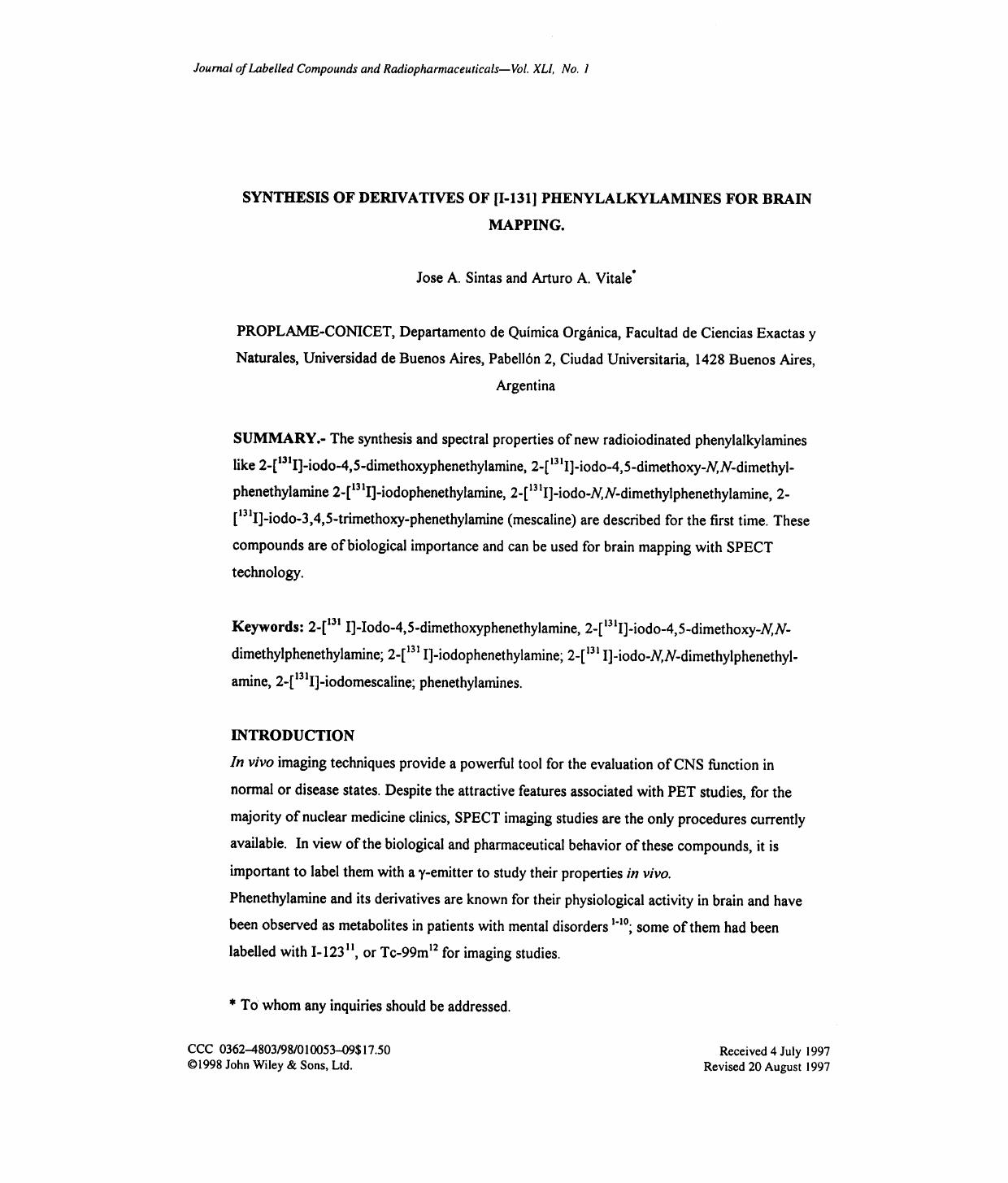 Synthesis of derivatives of [I-131] phenylalkylamines for brain mapping by Unknown