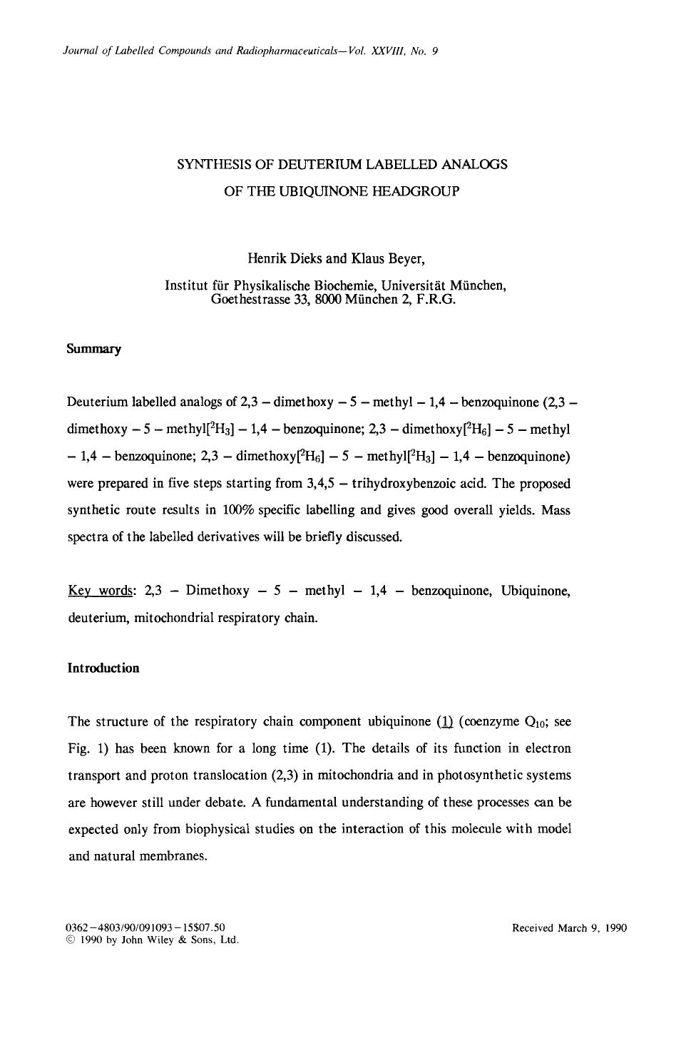 Synthesis of deuterium labelled analogs of the ubiquinone headgroup by Unknown