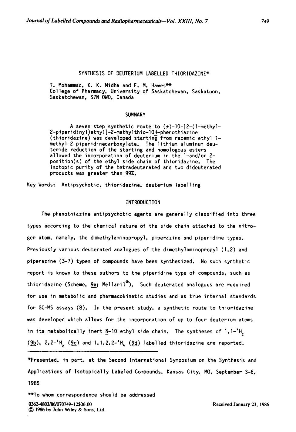 Synthesis of deuterium labelled thioridazine by Unknown