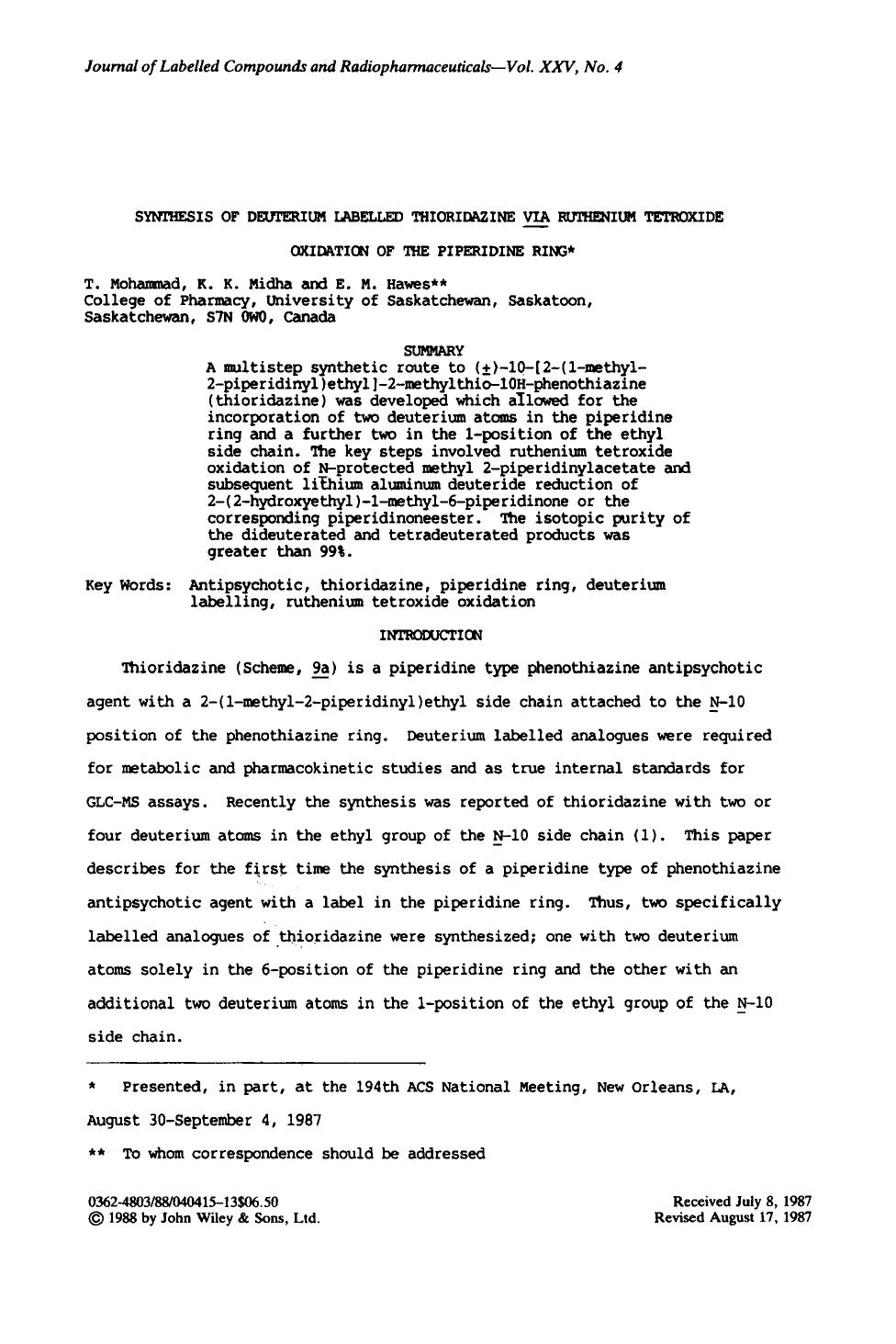 Synthesis of deuterium labelled thioridazine via ruthenium tetroxide oxidation of the piperidine ring by Unknown