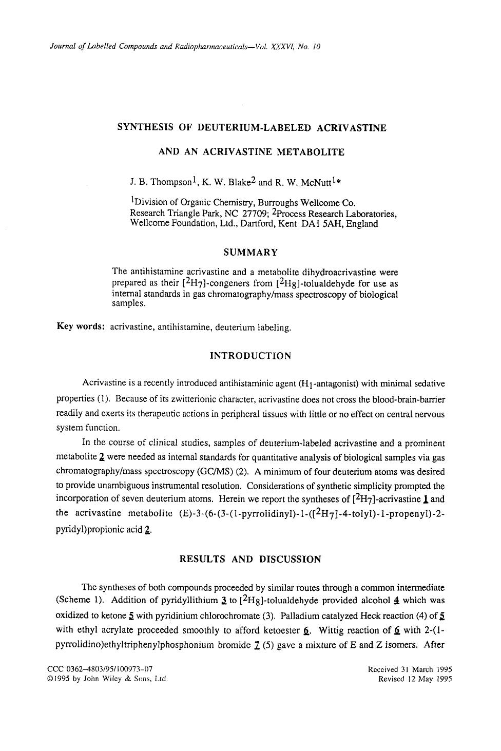 Synthesis of deuterium-labeled acrivastine and an acrivastine metabolite by Unknown