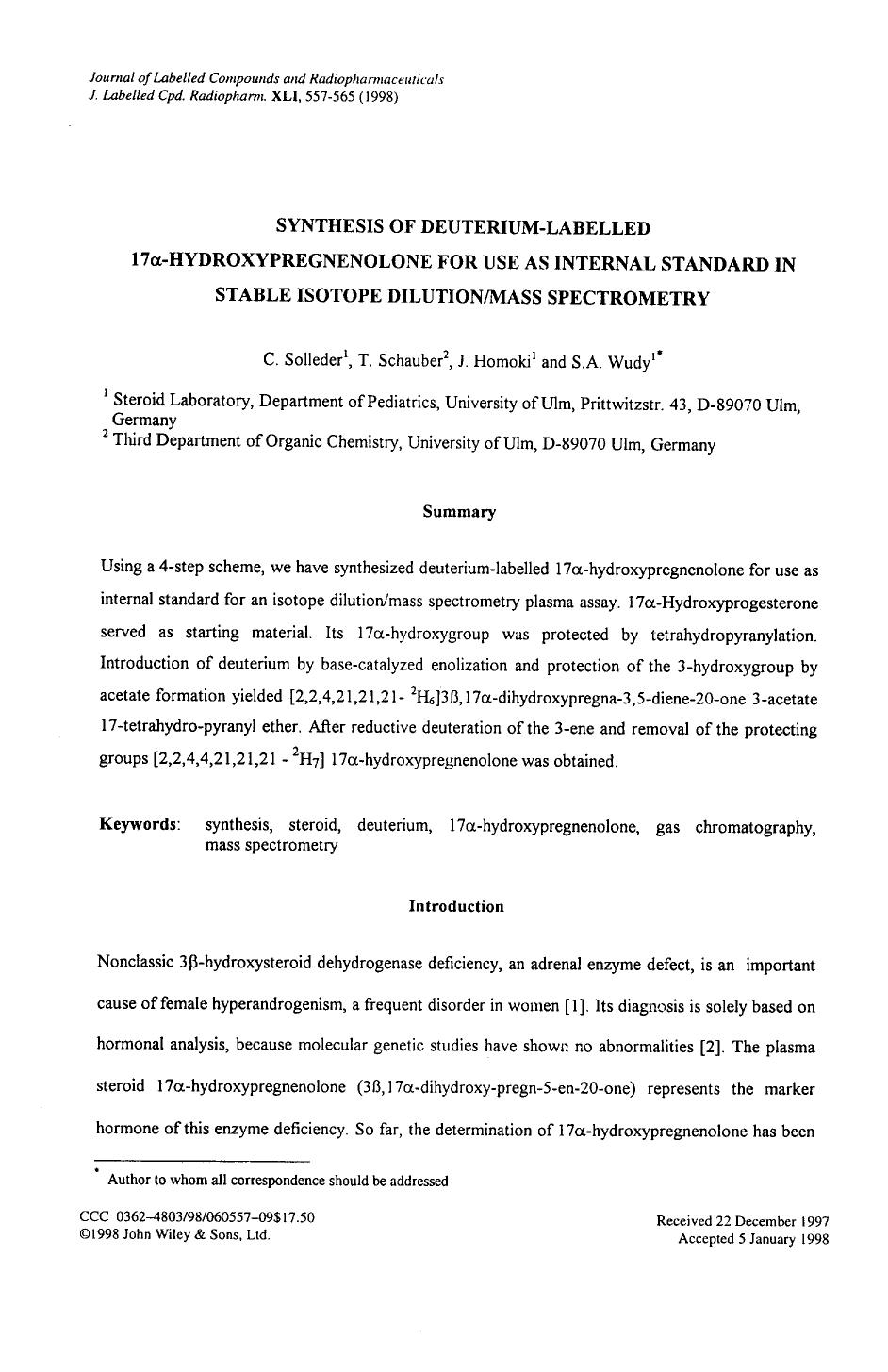 Synthesis of deuterium-labelled 17[agr]-hydroxypregnenolone for use as internal standard in stable isotope dilutionmass spectrometry by Unknown