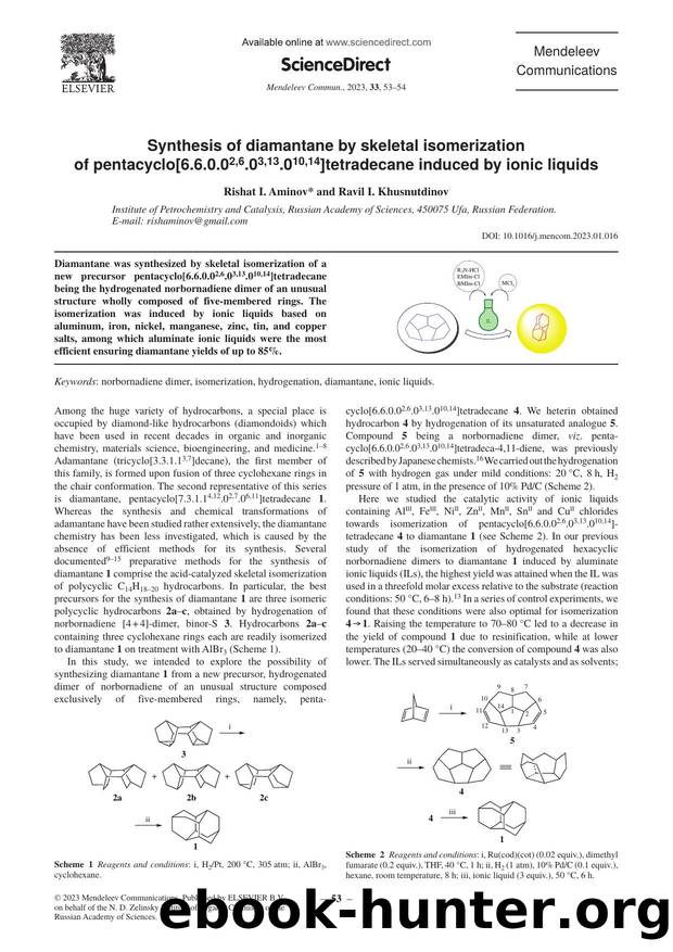 Synthesis of diamantane by skeletal isomerization of pentacyclo[6.6.0.02,6.03,13.010,14]tetradecane induced by ionic liquids by Rishat I. Aminov & Ravil I. Khusnutdinov