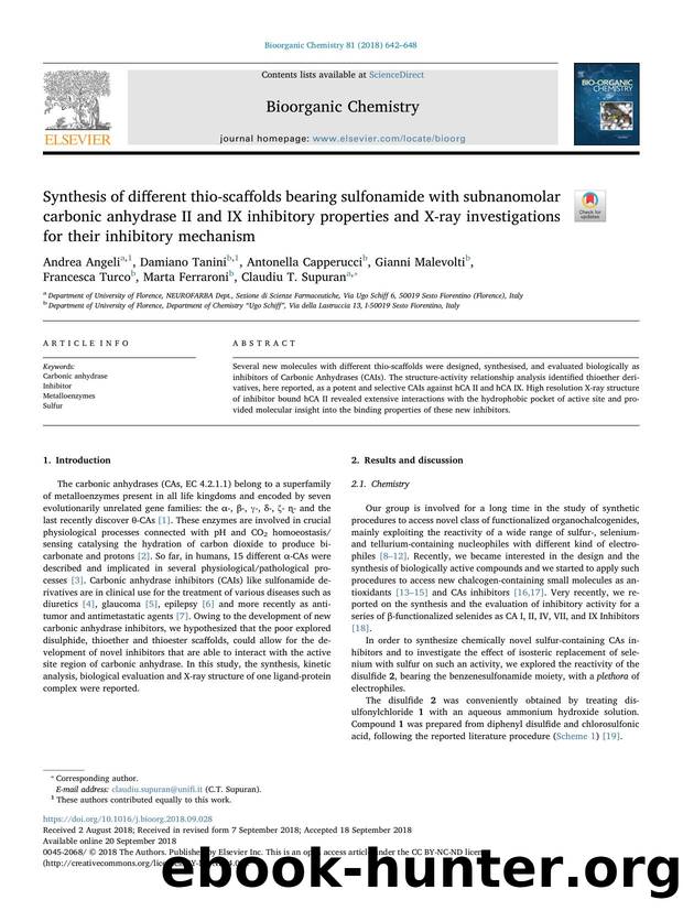 Synthesis of different thio-scaffolds bearing sulfonamide with subnanomolar carbonic anhydrase II and IX inhibitory properties and X-ray investigations for their inhibitory mechanism by unknow
