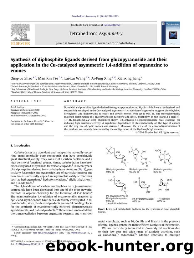 Synthesis of diphosphite ligands derived from glucopyranoside and their application in the Cu-catalyzed asymmetric 1,4-addition of organozinc to enones by Qing-Lu Zhao & Man Kin Tse & Lai-Lai Wang & Ai-Ping Xing & Xianxing Jiang