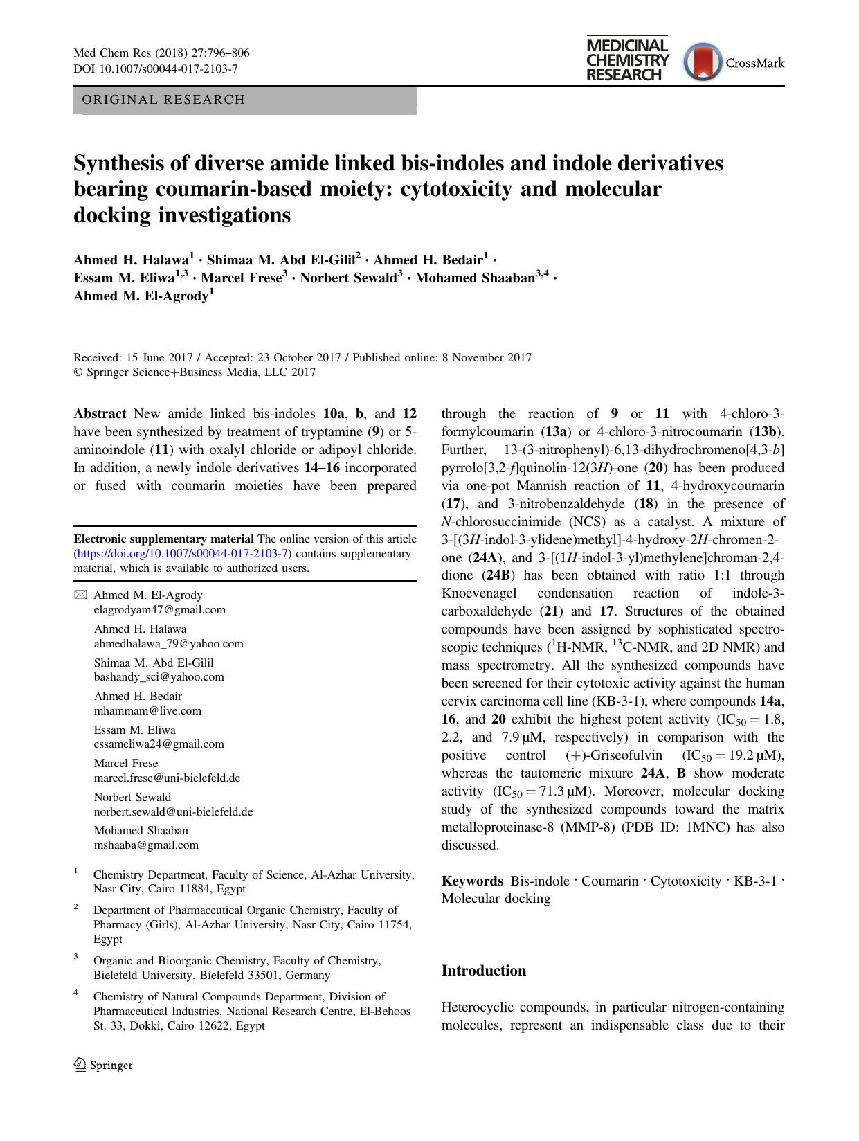 Synthesis of diverse amide linked bis-indoles and indole derivatives bearing coumarin-based moiety: cytotoxicity and molecular docking investigations by unknow