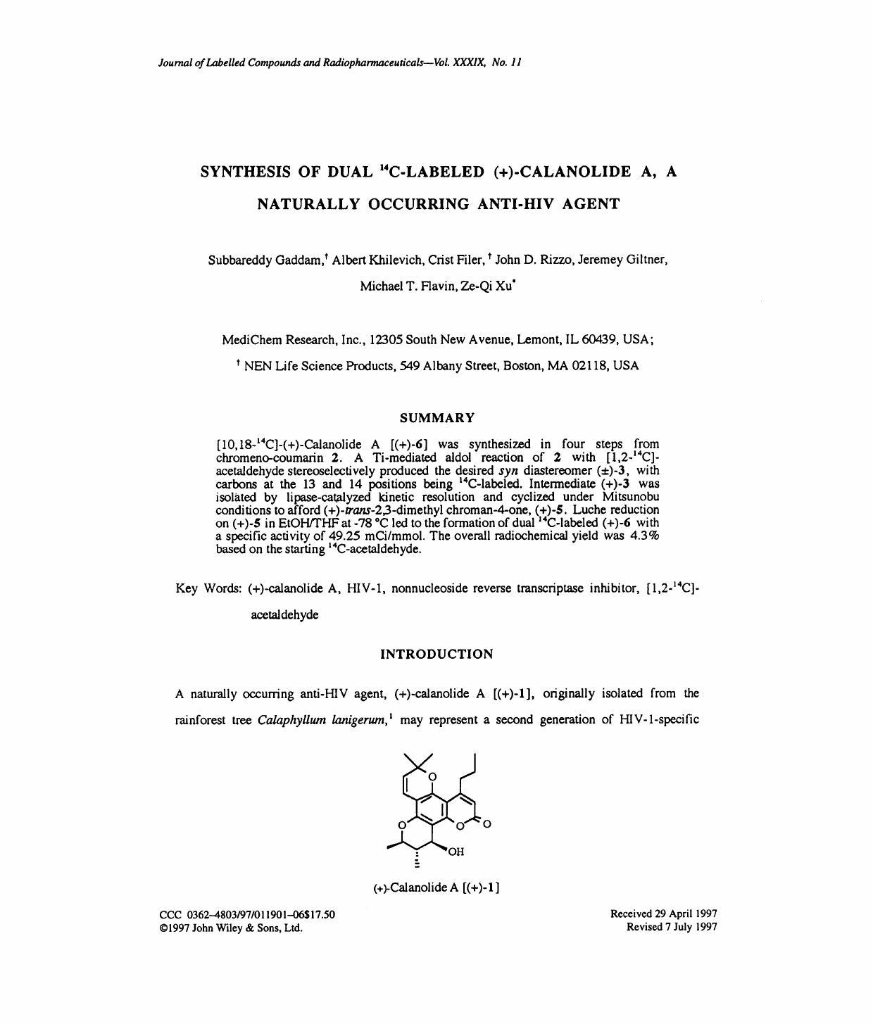 Synthesis of dual 14C-labeled (+)-calanolide A, a naturally occurring anti-HIV agent by Unknown
