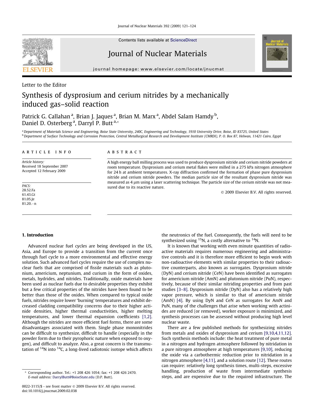 Synthesis of dysprosium and cerium nitrides by a mechanically induced gasâsolid reaction by unknow