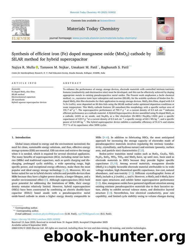 Synthesis of efficient iron (Fe) doped manganese oxide (MnO2) cathode by SILAR method for hybrid supercapacitor by Najiya R. Mulla & Tamseen M. Nejkar & Umakant M. Patil & Raghunath S. Patil