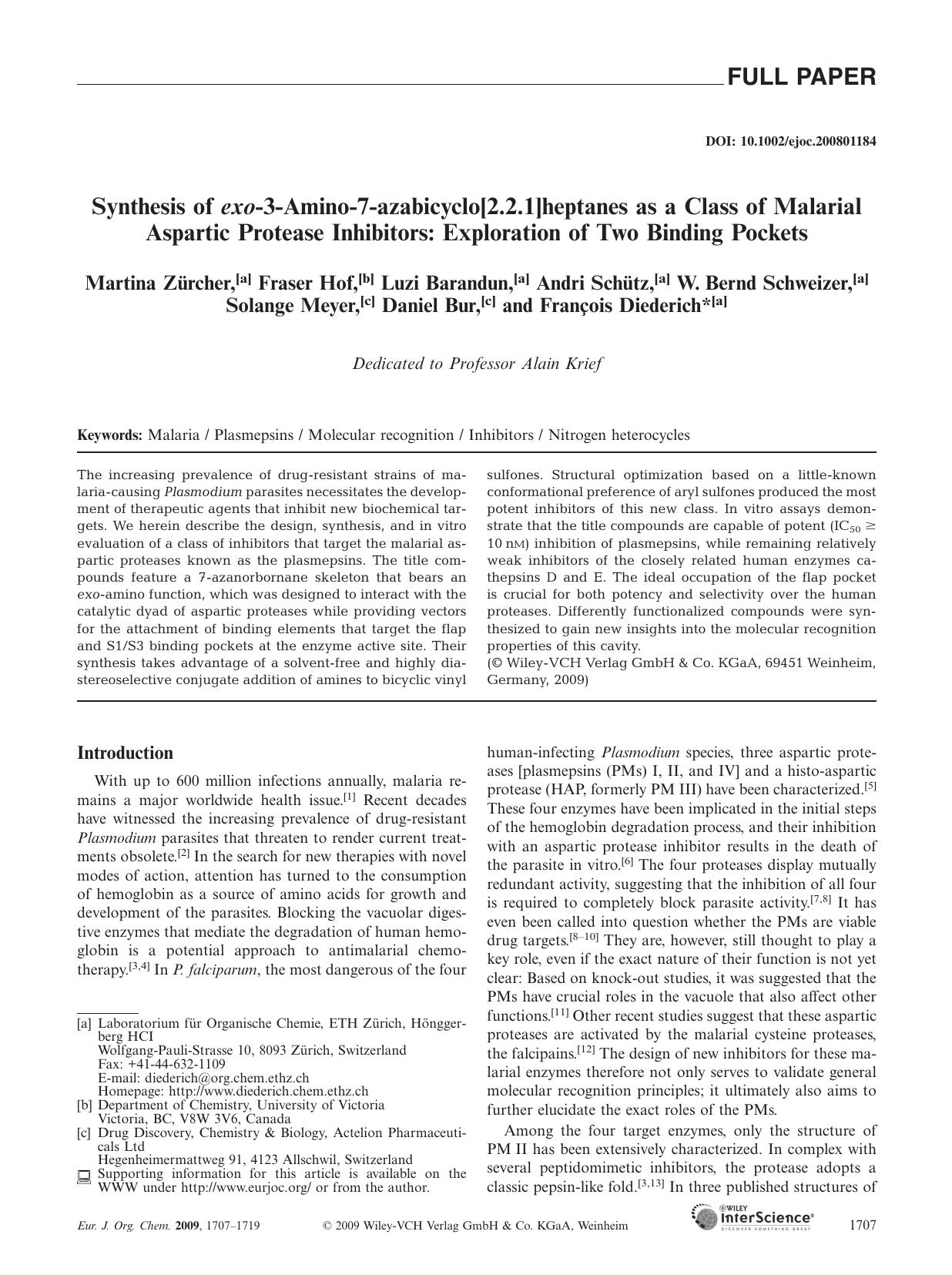 Synthesis of exo-3-Amino-7-azabicyclo[2.2.1]heptanes as a Class of Malarial Aspartic Protease Inhibitors: Exploration of Two Binding Pockets by Unknown
