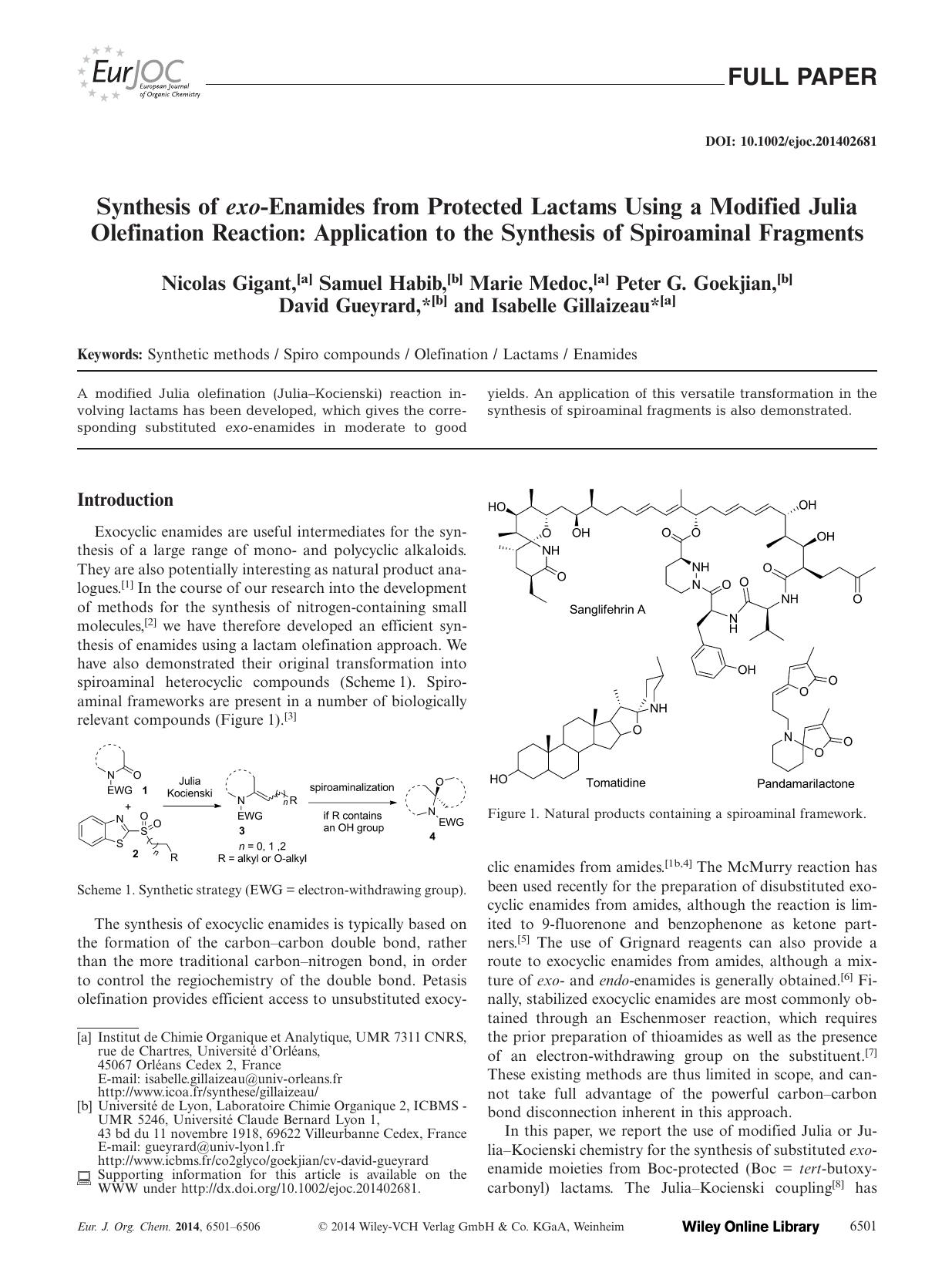 Synthesis of exoEnamides from Protected Lactams Using a Modified Julia Olefination Reaction: Application to the Synthesis of Spiroaminal Fragments by Unknown