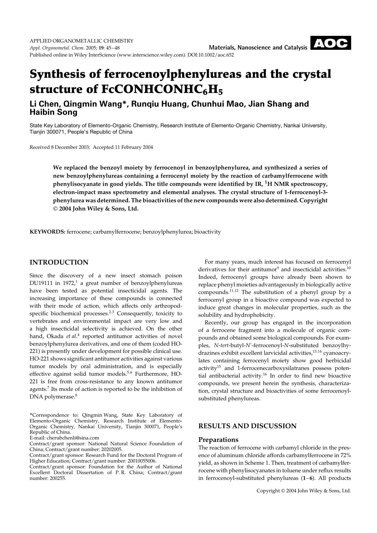 Synthesis of ferrocenoylphenylureas and the crystal structure of FcCONHCONHC6H5 by Unknown